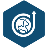 Earth and arrow icon on hexagon background.